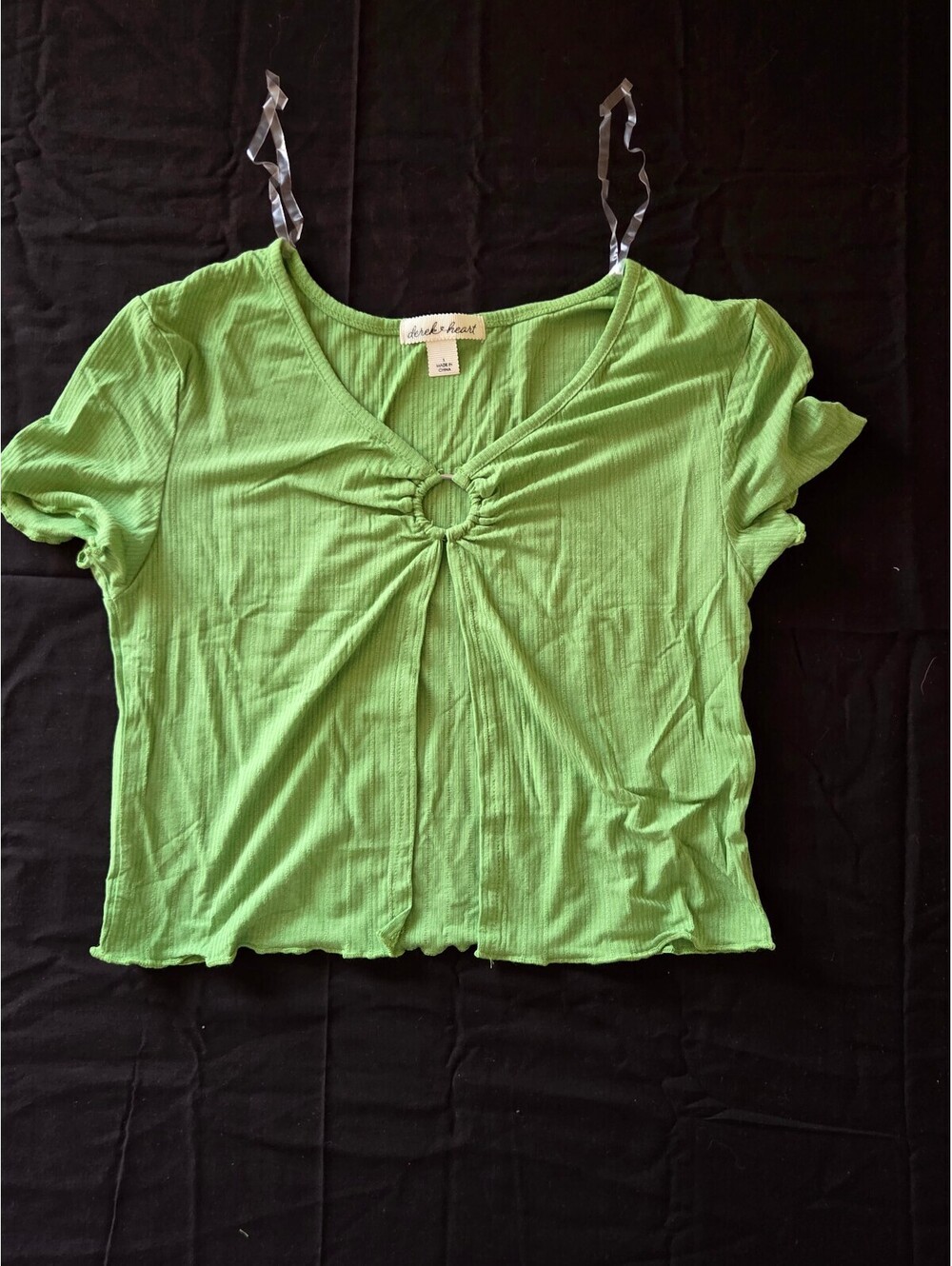 Derek Heart Green Ribbed Short Sleeve Crop Top with Front Ring Detail Size Small